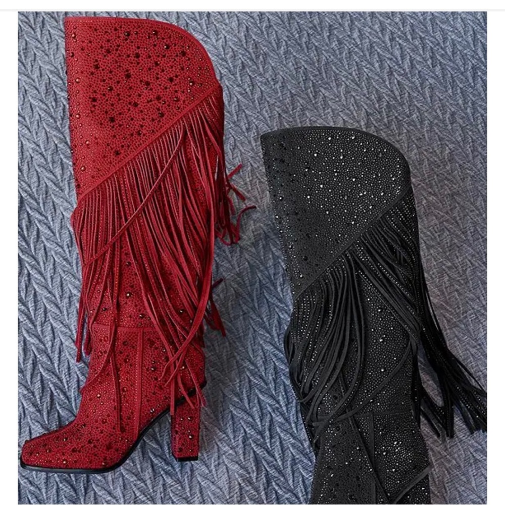 JESSICA SIMPSON Red Western Fringe Rhinestone Knee Boots size 8.5 wide calf - Picture 7 of 9